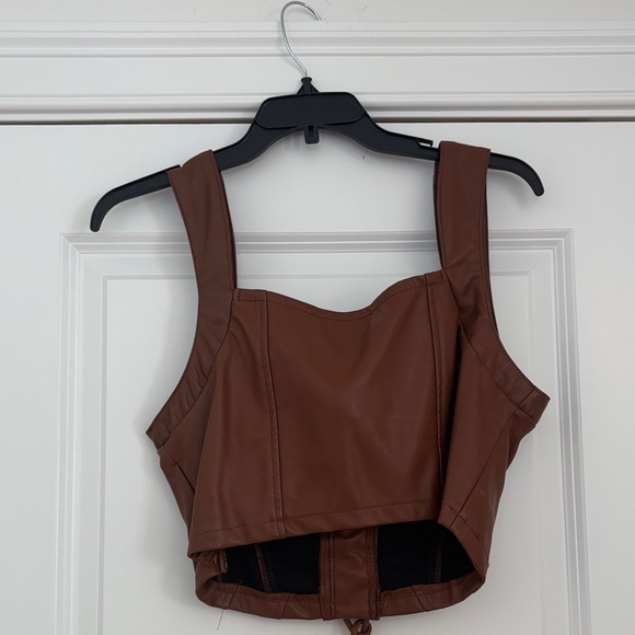Haute Monde Brown Leather Lace-Up Crop Top - Picture 6 of 6